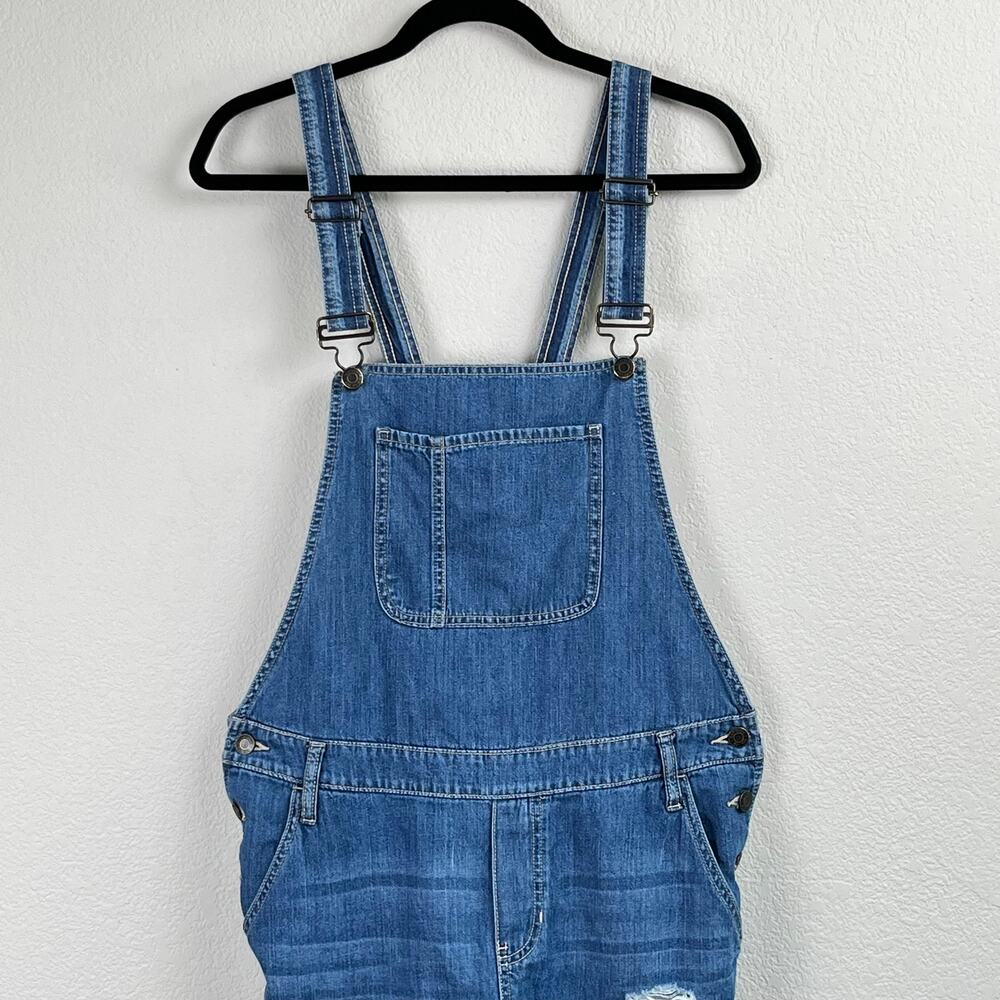 Gap Outlet Distressed Blue Denim Racerback Utility Bib Ripped Crop Overalls L - Picture 3 of 14
